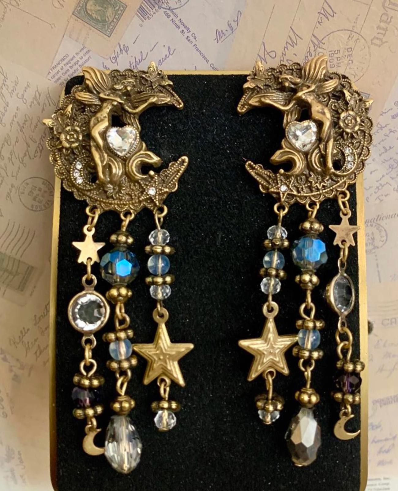 Vintage Designer Fairy Moon Earrings Celestial Star Dangle Fantasy Designer