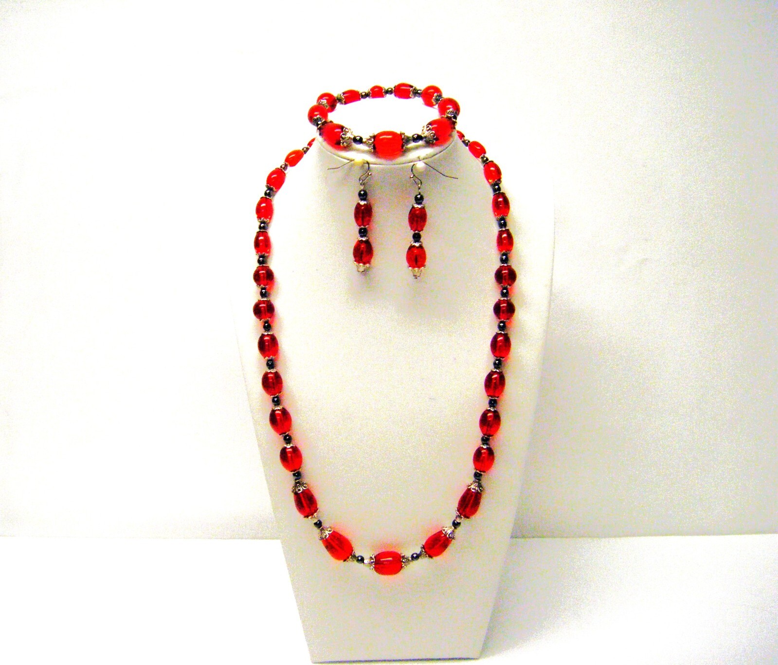 Multi Shapes/Sizes Red Transparent Glass w/Silver Bead Caps Necklac/Brace/Earrin
