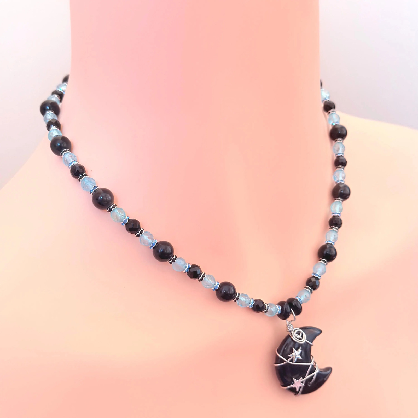 Crescent Stone Wire-Wrapped Pendant | Onyx and Topaz Gemstone Necklace