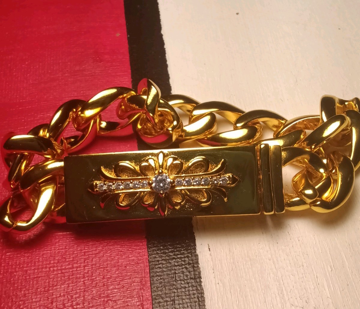 Chrome Gothic Bracelet biker Jewelery cuban link Men 24mm Simulated Diamond gold