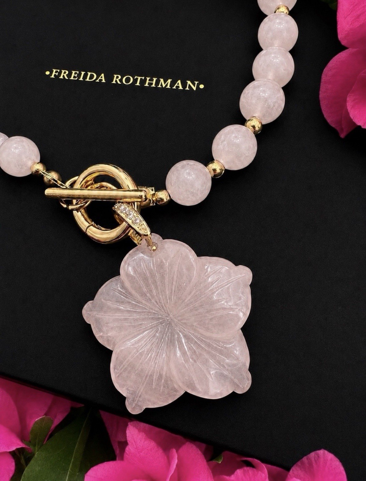 Freida Rothman Genuine Hand-Carved Rose Quartz FlowerPendant and Necklace