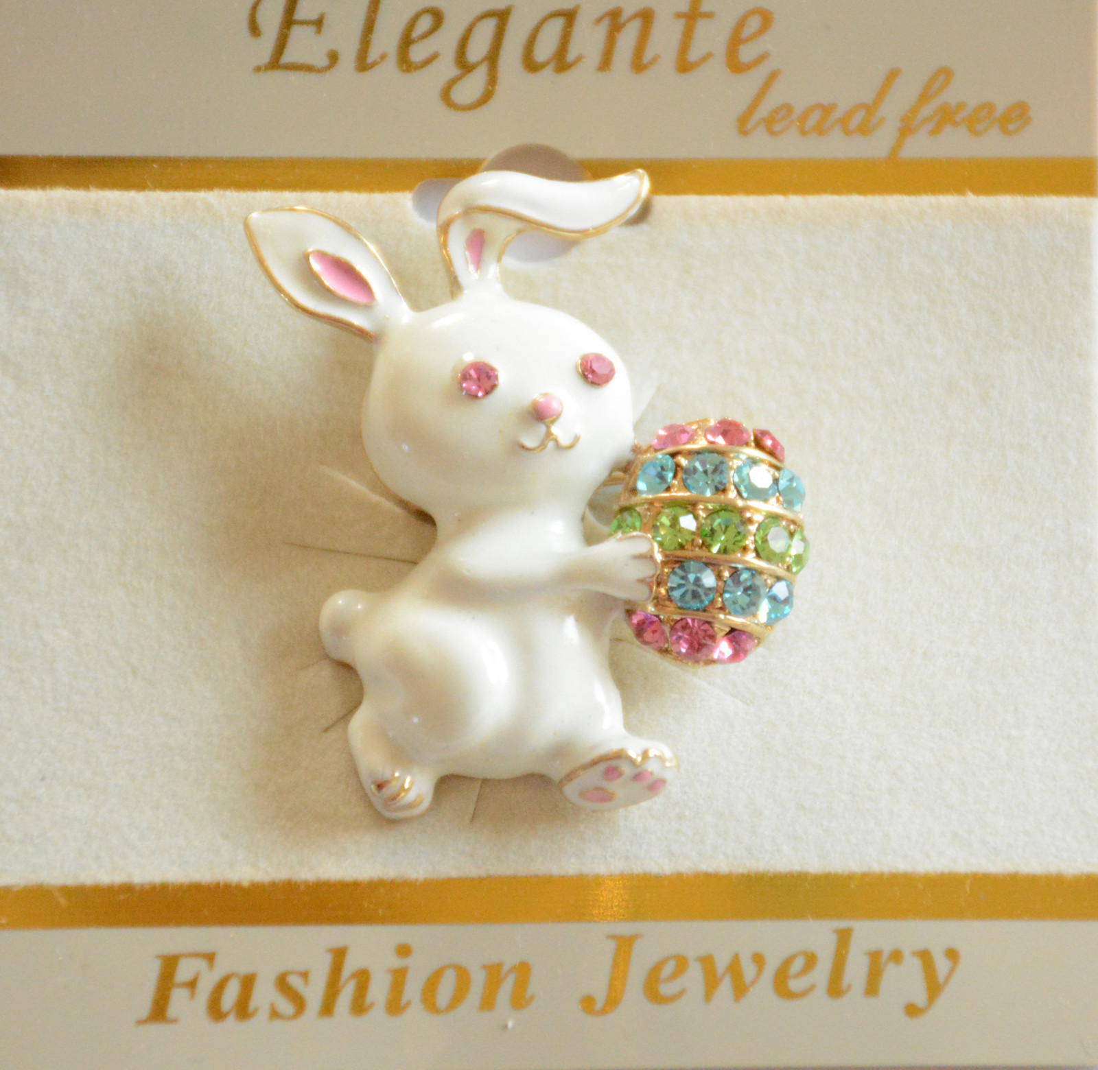 Easter Bunny w Easter Egg Pin and/or Pendent / White Rabbit w Crystal Chip Egg