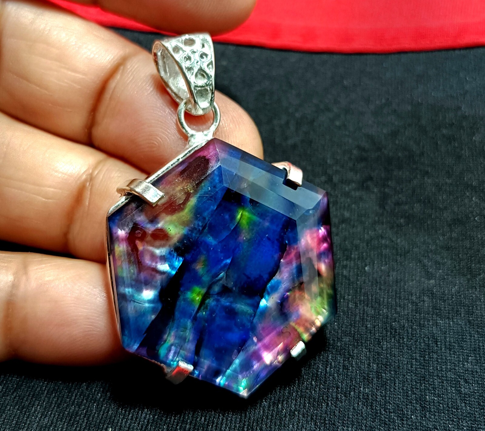 Certified 65.95 Ct Natural Ammolite 925 Solid Silver Hexagon Pendant Gemstone