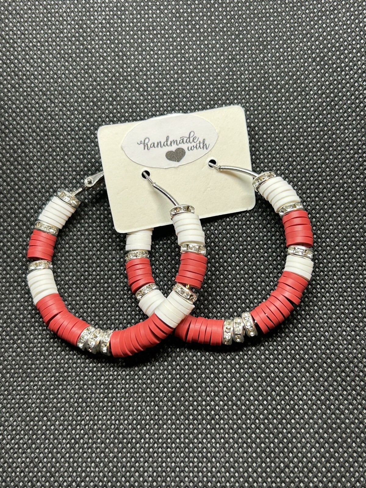 Alabama Crimson Tide Inspired Heishi Bead Continuous Hoop Red & White Earrings