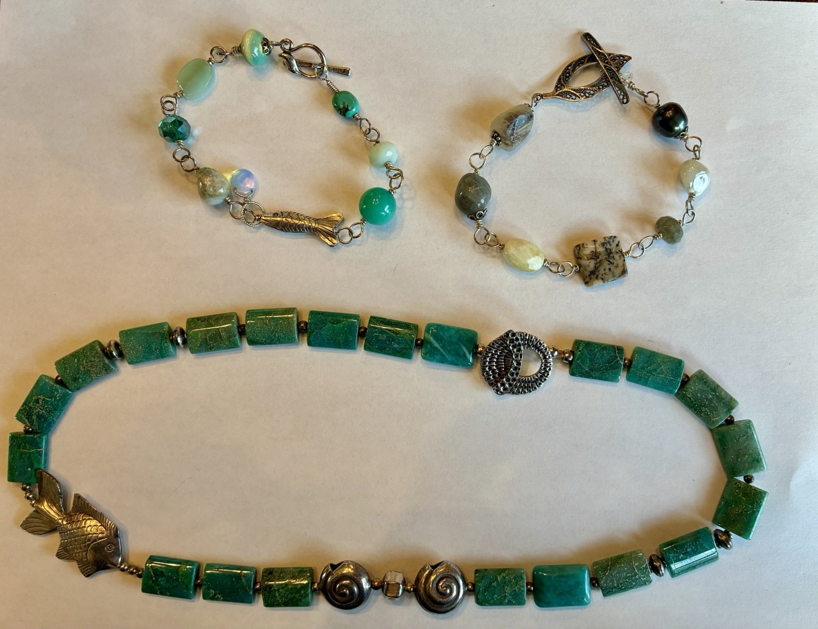 Lot of Handcrafted Boutique Silver and Beaded Necklace & 2 Bracelets Nautical