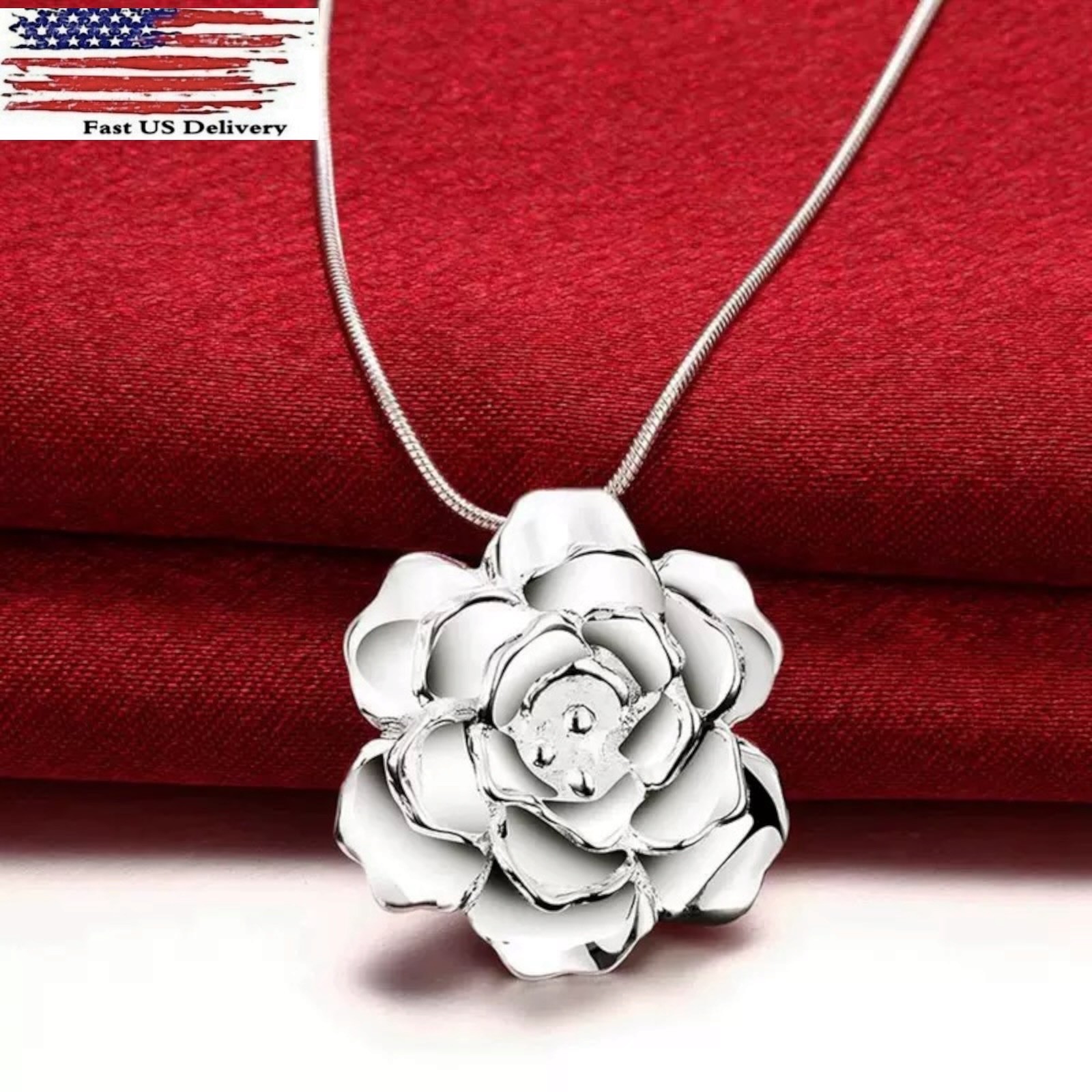 Rose Flower 925 Sterling Silver Plated Pendant Necklace Choker Women C16