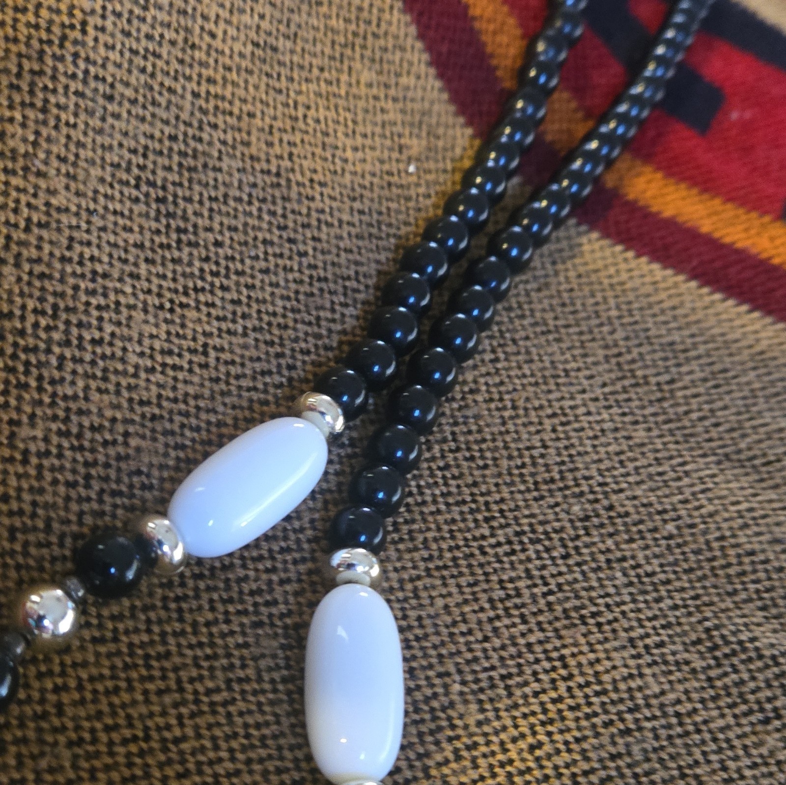 Black White Beaded Necklace Gold Plated Ball Chain Spring Ring Clasp No Stone
