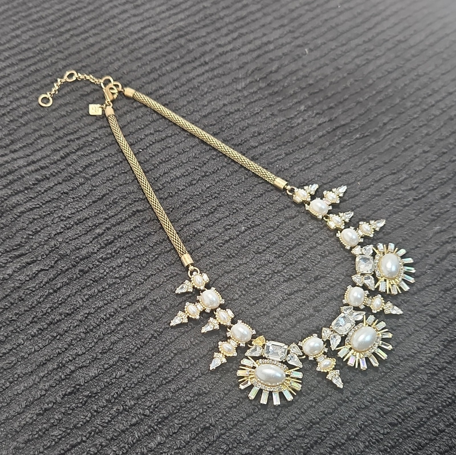 BaubleBar Gold Tone Mesh Chain Statement Necklace Faux Pearl Crystal Adj