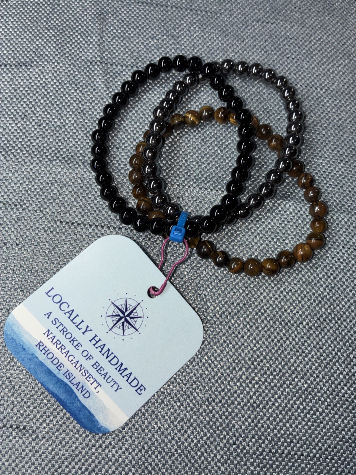 Semi Precious Stone ONYX, HEMATITE & TIGER EYE – 3 Beaded Stacking Bracelets