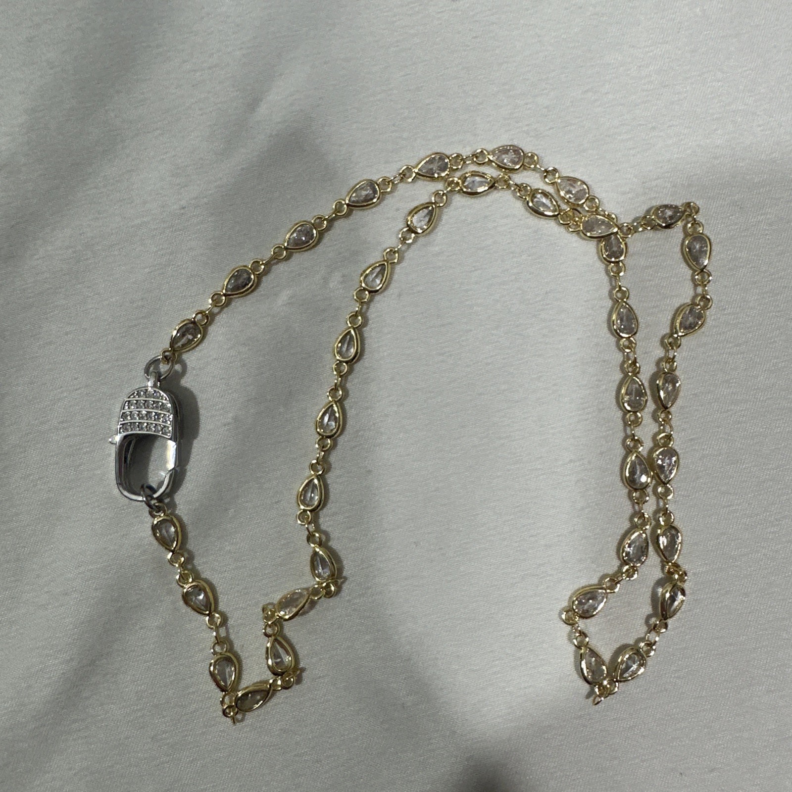 NEW Freida Rothman Gold Pear Mini Bezel Brass Necklace Chain w/ Pave Clasp #MR
