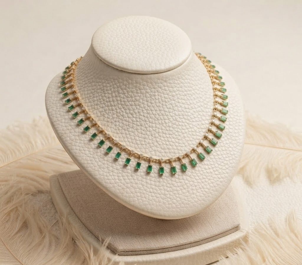 Gold Tone Emerald Green Baguette Crystal Statement Necklace 925 Sterling Silver