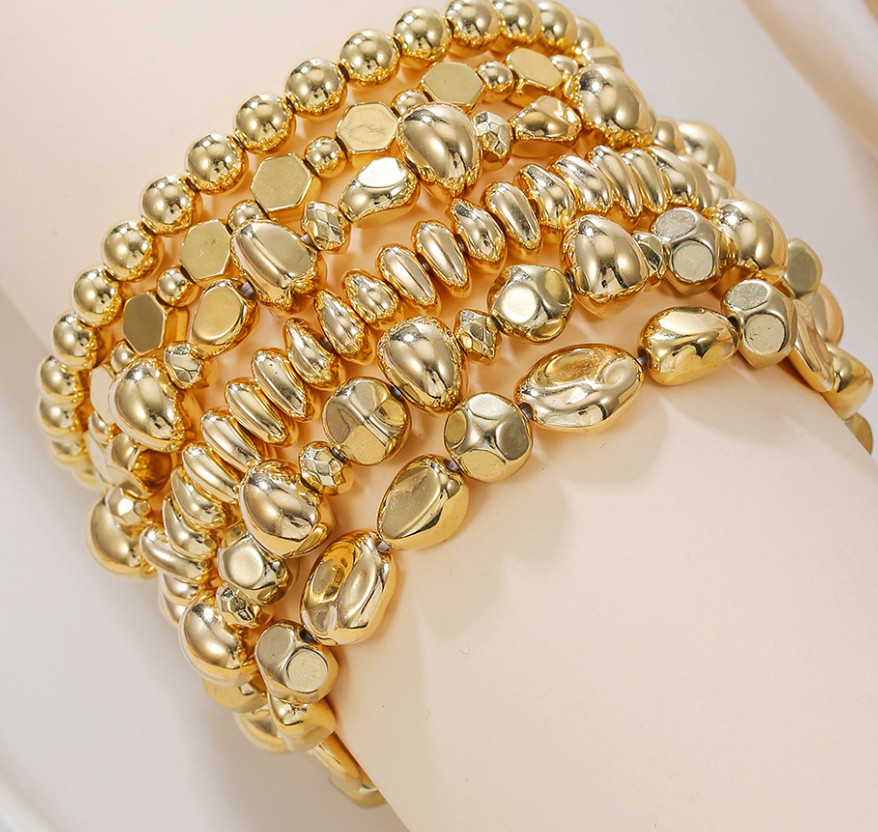 Gold Tone 4 Row Beaded Stretch Bracelet Vintage Style Fashion Jewelry