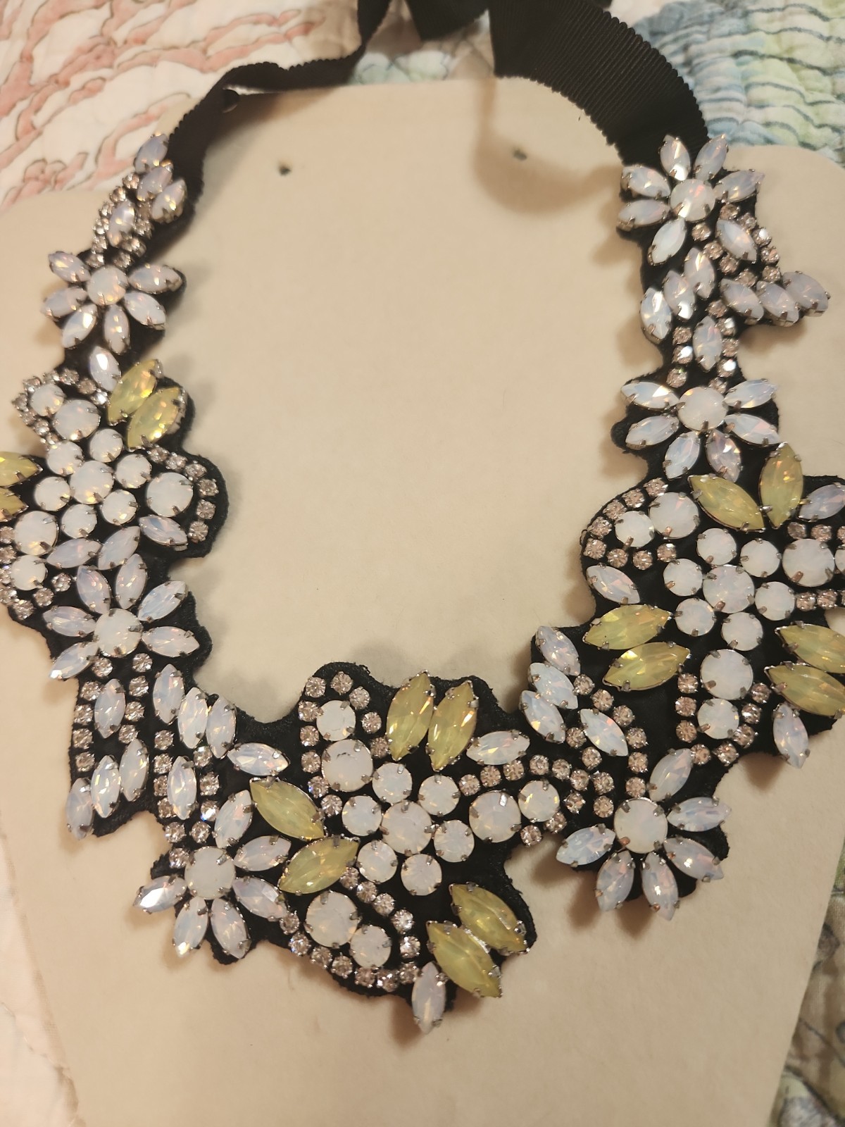 J Crew Fabric back Beaded Crystal Cluster Ribbon Necklace