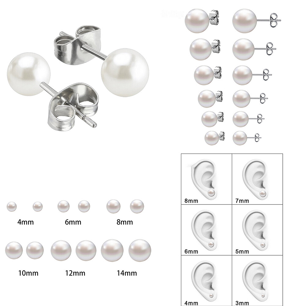 US 6-12 Pairs Faux Pearl Stud Earrings Set Silver Stainless Steel Hypoallergenic