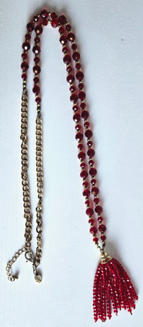 Charming Charlie Long Gold Tone Red Faceted Glass Bead Tassel Necklace 36 in
