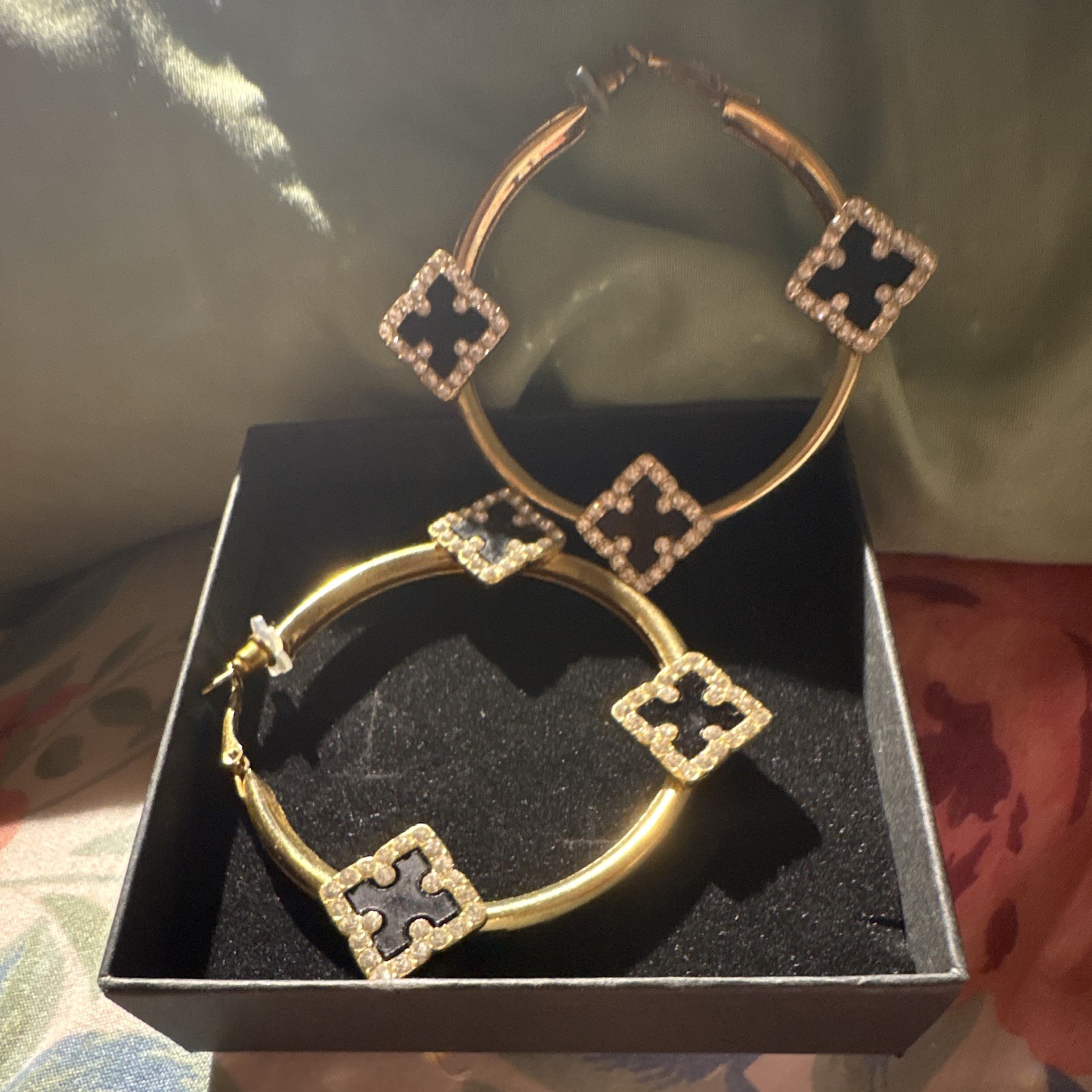 Gold Tone Crystal Clover Station Hoop Earrings Pavé Hinged Hoop Closure