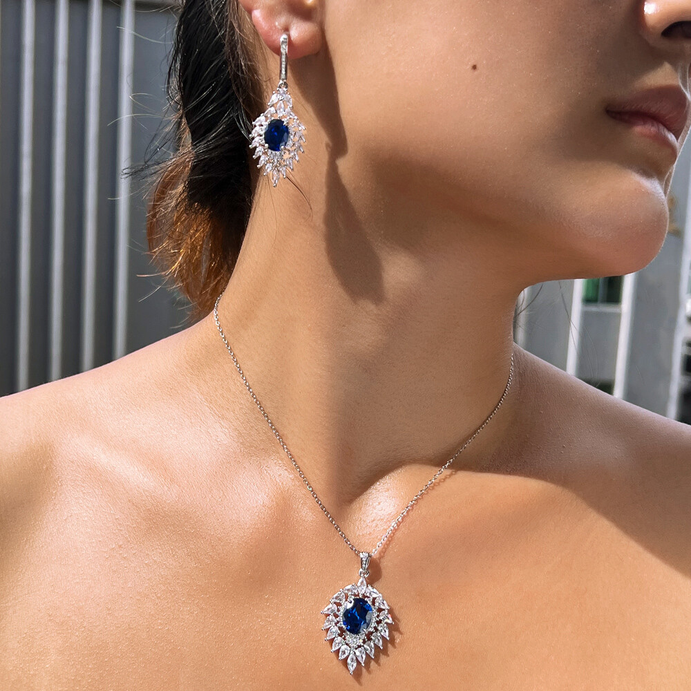 Women Blue Pendant Necklace and Drop Earrings Silver Plated Zirconia Jewelry Set