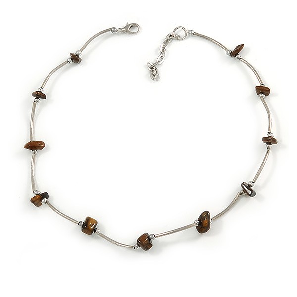 Brown Semiprecious Stone with Silver Bar Necklace/ 42cm L/ 5cm Ext