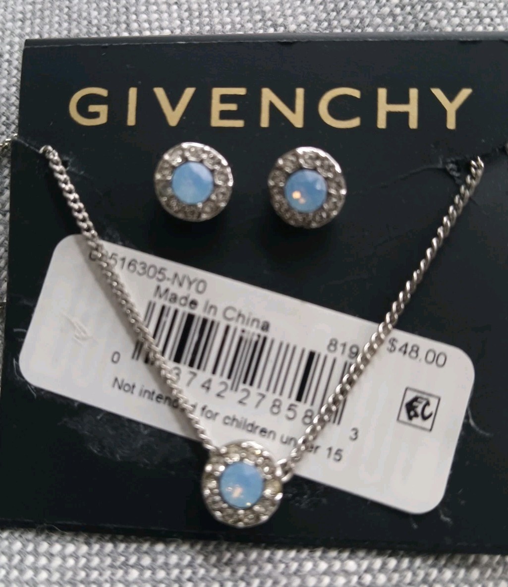Givenchy Necklace Pave Pendant & Stud Earrings Set 16″ 3″ Extender