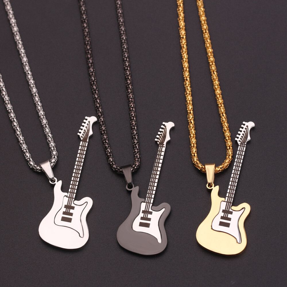 1PC Mens Guitar Music Pendant Stainless Steel Necklace Pendant with Chain