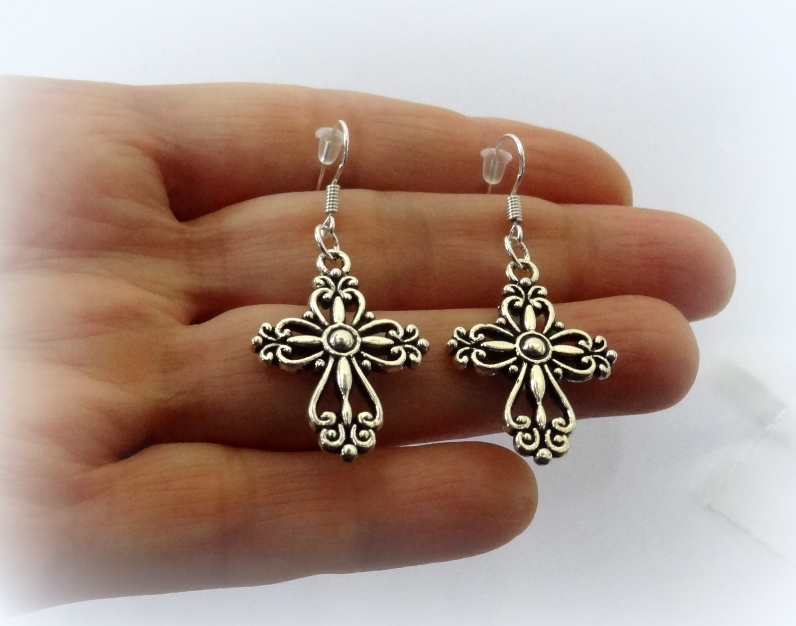 CELTIC IRISH CROSS SILVER DANGLE EARRINGS~ST PATRICKS DAY GIFT~STERLING HOOK