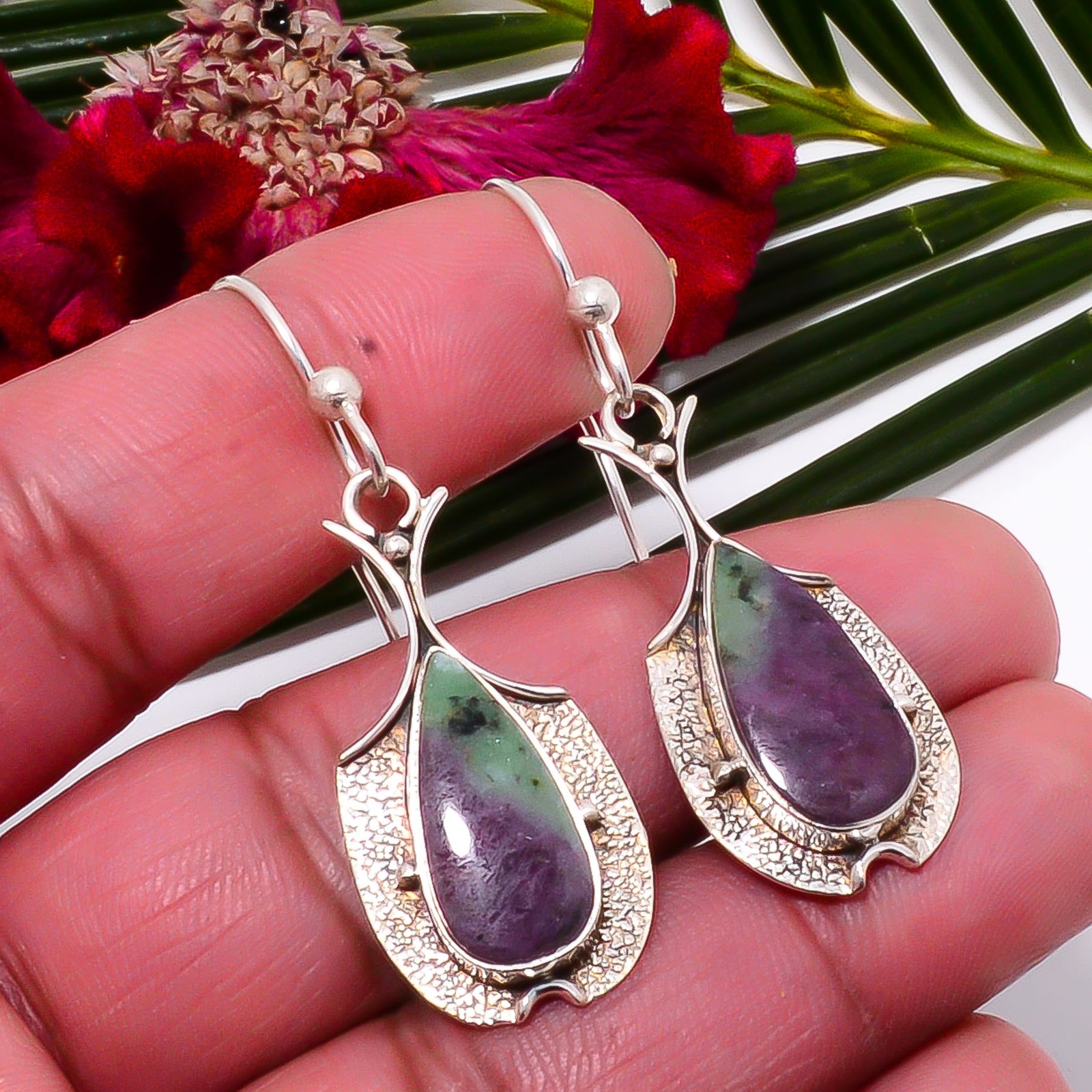Natural Ruby With Zoisite Oxidised 925 Sterling Silver Earring 2.03″ Sku35