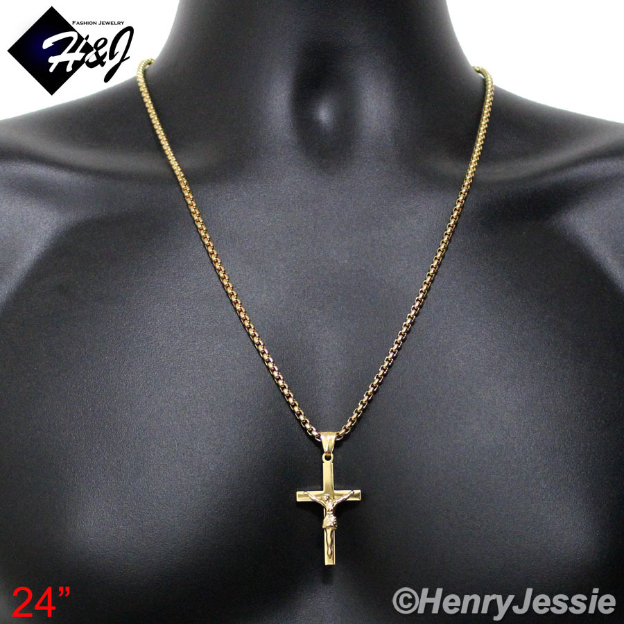 18-36″Stainless Steel 3mm Gold Plated Box Link Chain JESUS Cross Pendant*GP62