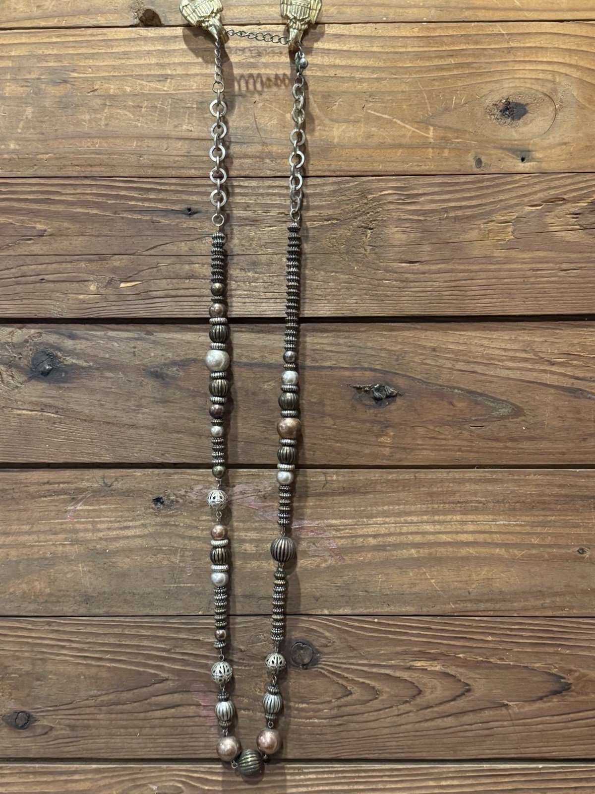 Boho Beaded Necklace Mixed Metal Silver Copper Bronze Tone Statement