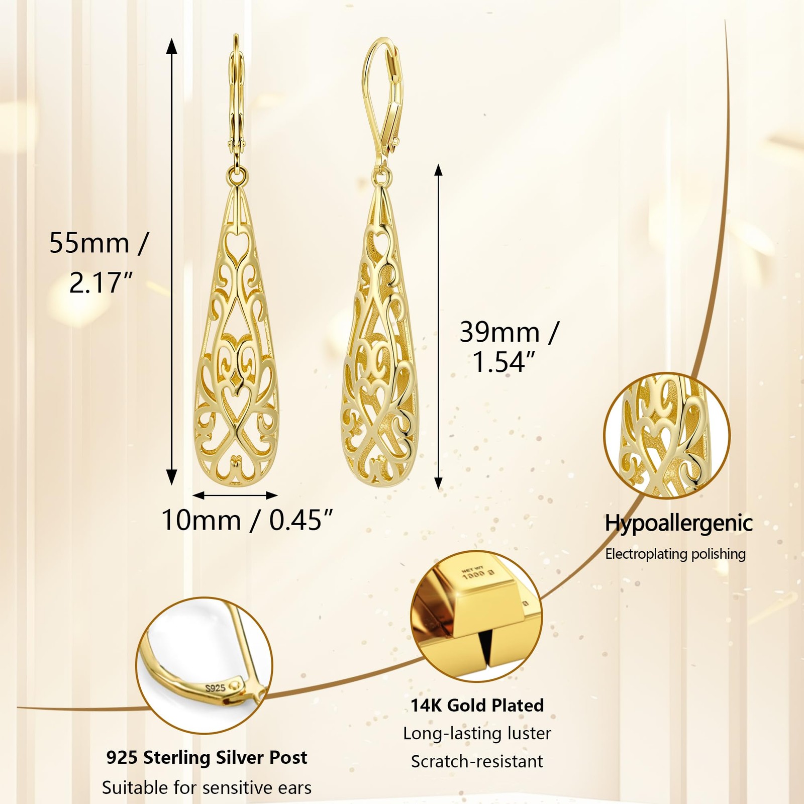 14K Gold Dangle Earrings for Women, Long Teardrop Dangling Leverback Earrings