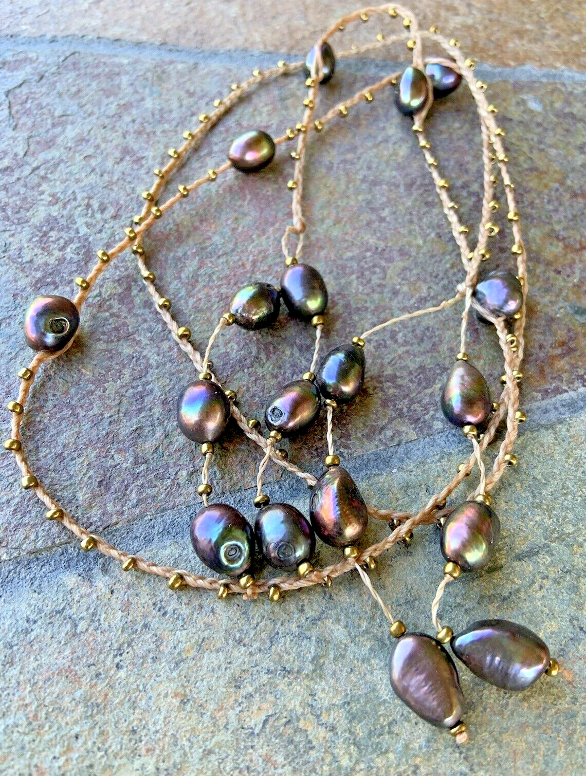 Beaded Iridescent Pearl Macrame Dangle Wrap Necklace