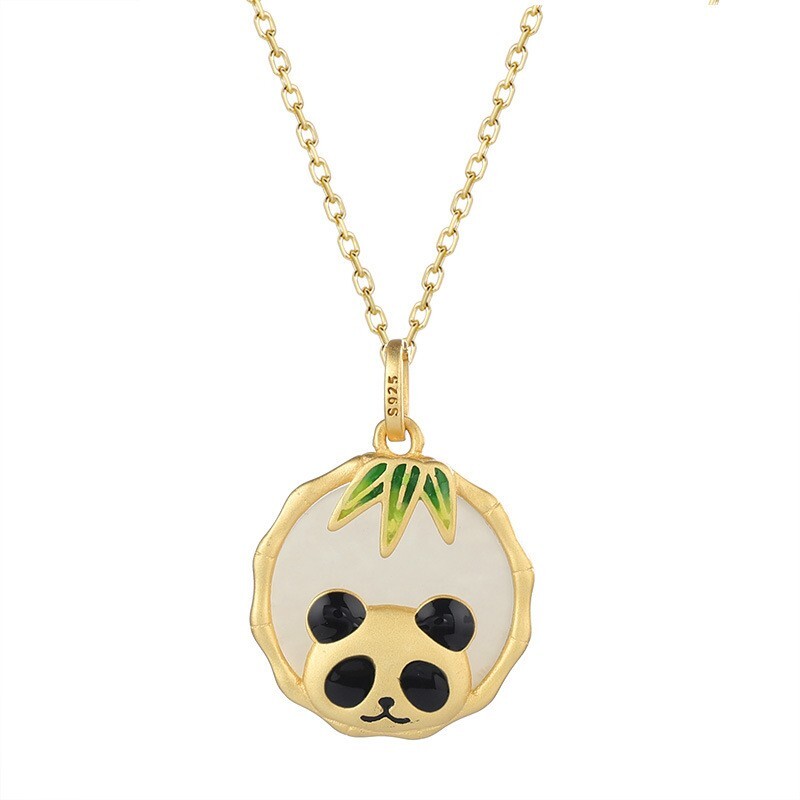Vintage 18K Gold Plated Hetian Jade Panda Bamboo Pendant Necklace