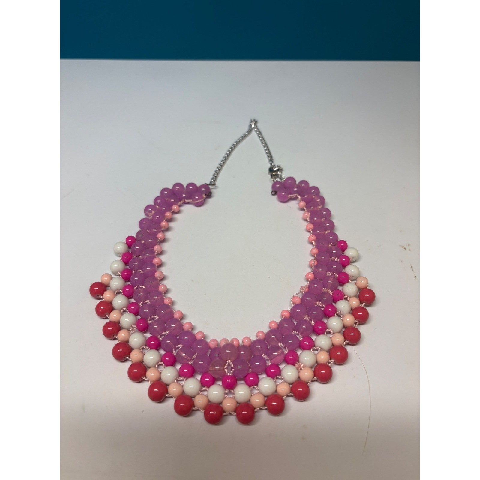 Handmade Pink Purple White Beaded Bib Statement Necklace Adjustable