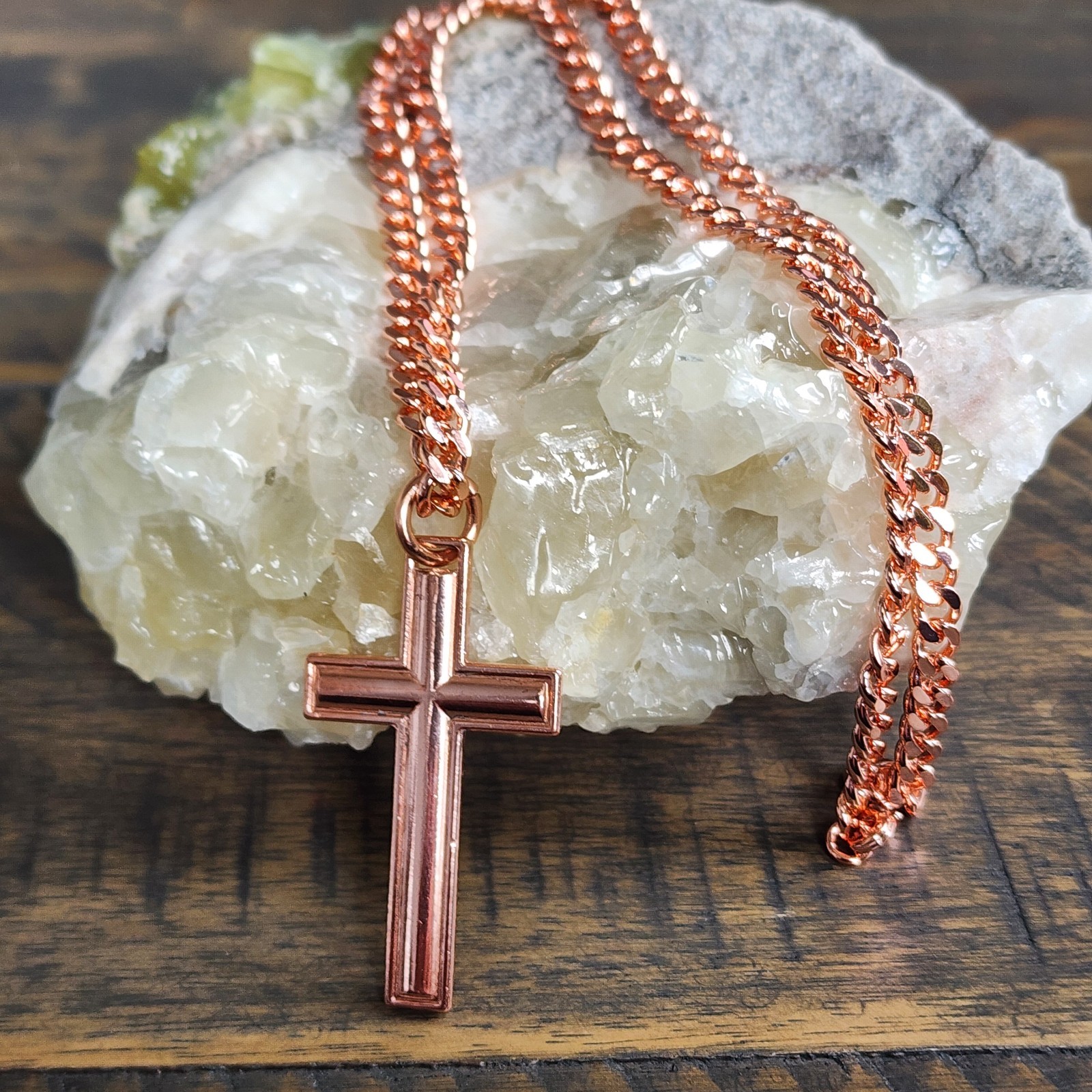 Pure Copper Cross Necklace Cuban Link 5mm, 20″ Chain, therapy Pendant