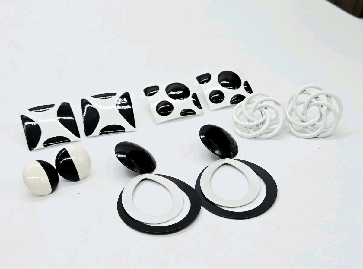 Black and White Earring Lot Art Deco Asymmetrical Enamel Vintage 5 Pair