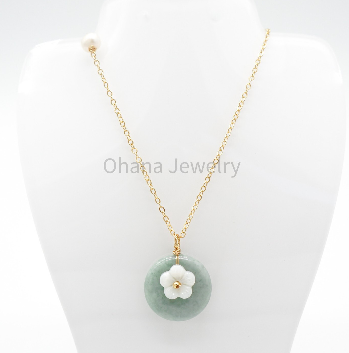 Natural Green Jade Copper Freshwater Pearl 18″ Oval Link Necklace – MOP Flower