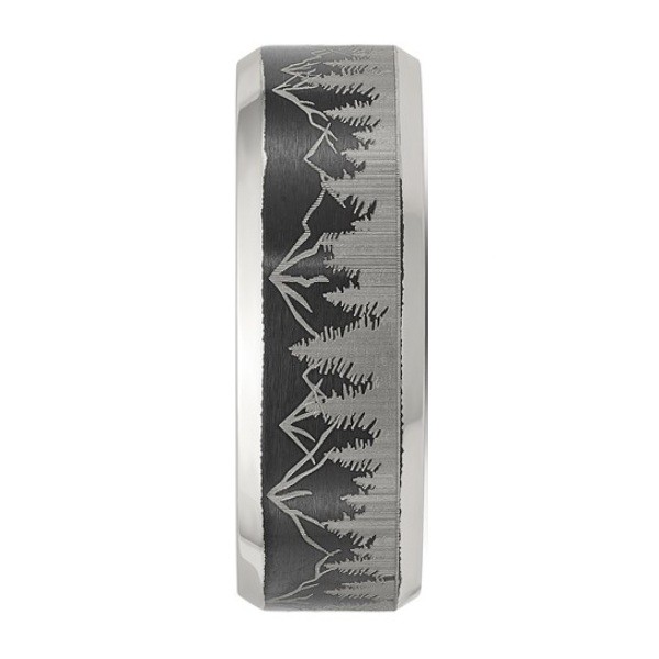 8mm Titanium Ring with Engraved Mountain Forest Scene Brushed & Polished Band