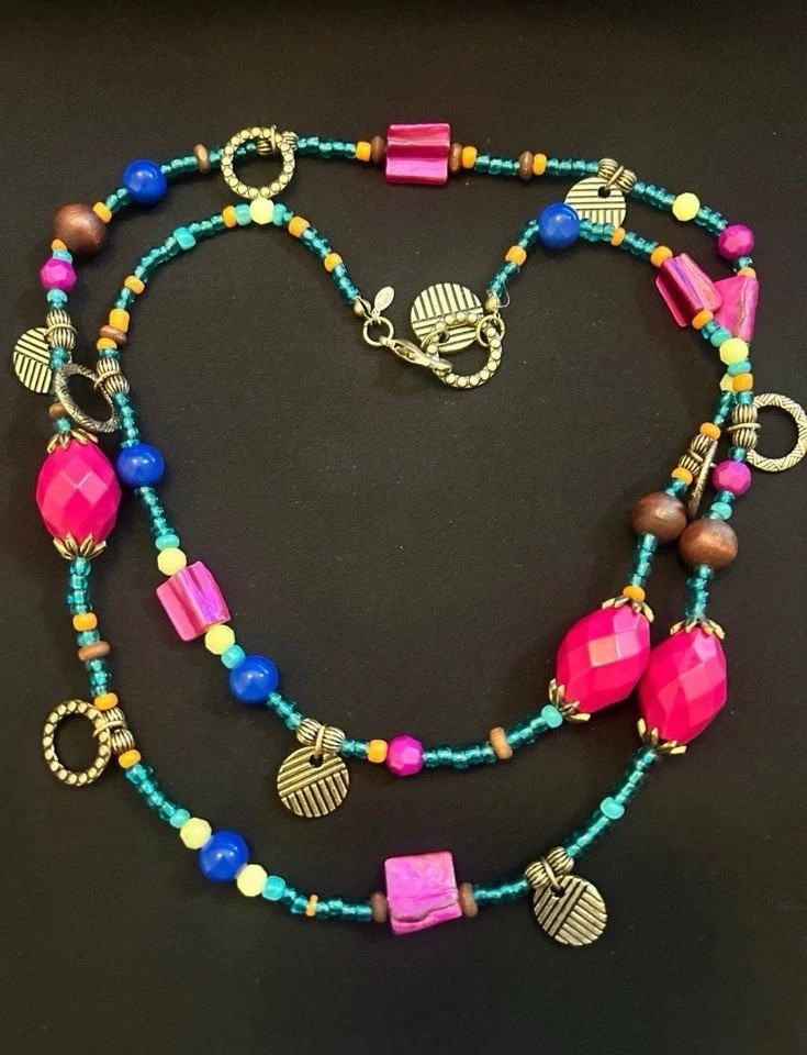 Retired Premier Jewelry Beaded Charm Necklace Bohemian Bead Chain Lobster Clasp