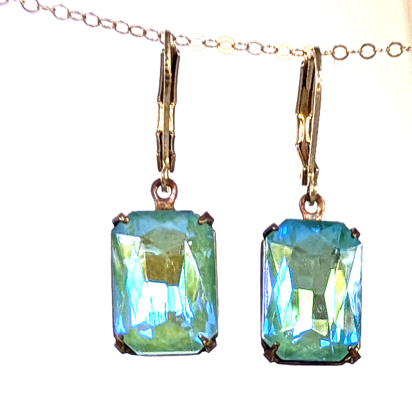 ​Vtg Electric Jade Green Octagon Glass Earrings GF Leverback SaraMargaux