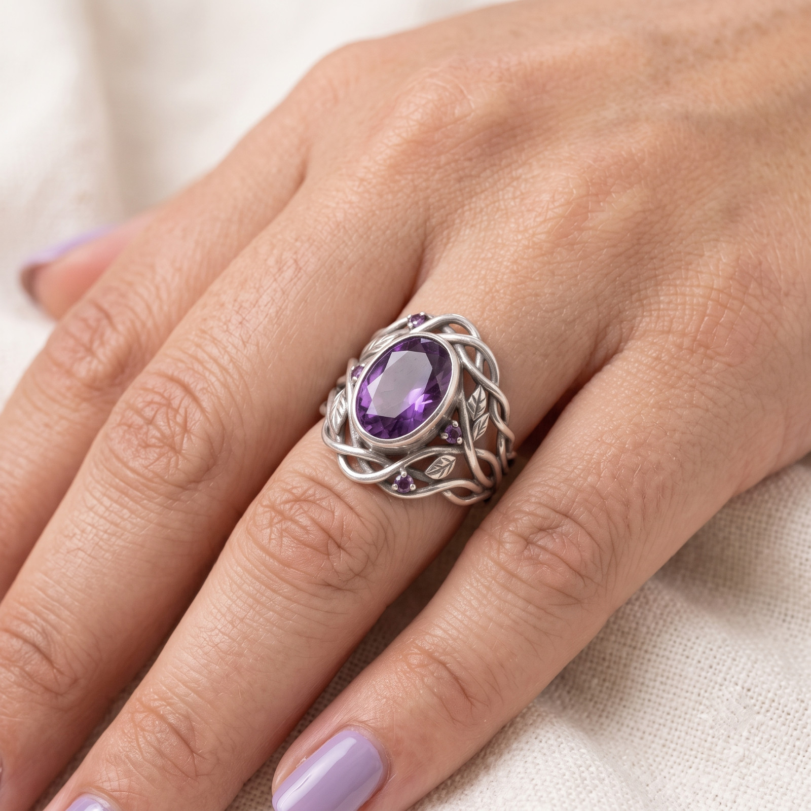 Oval Amethyst Ring, Nature Inspired Sterling Silver Leaf Band, Handmade Jewelry