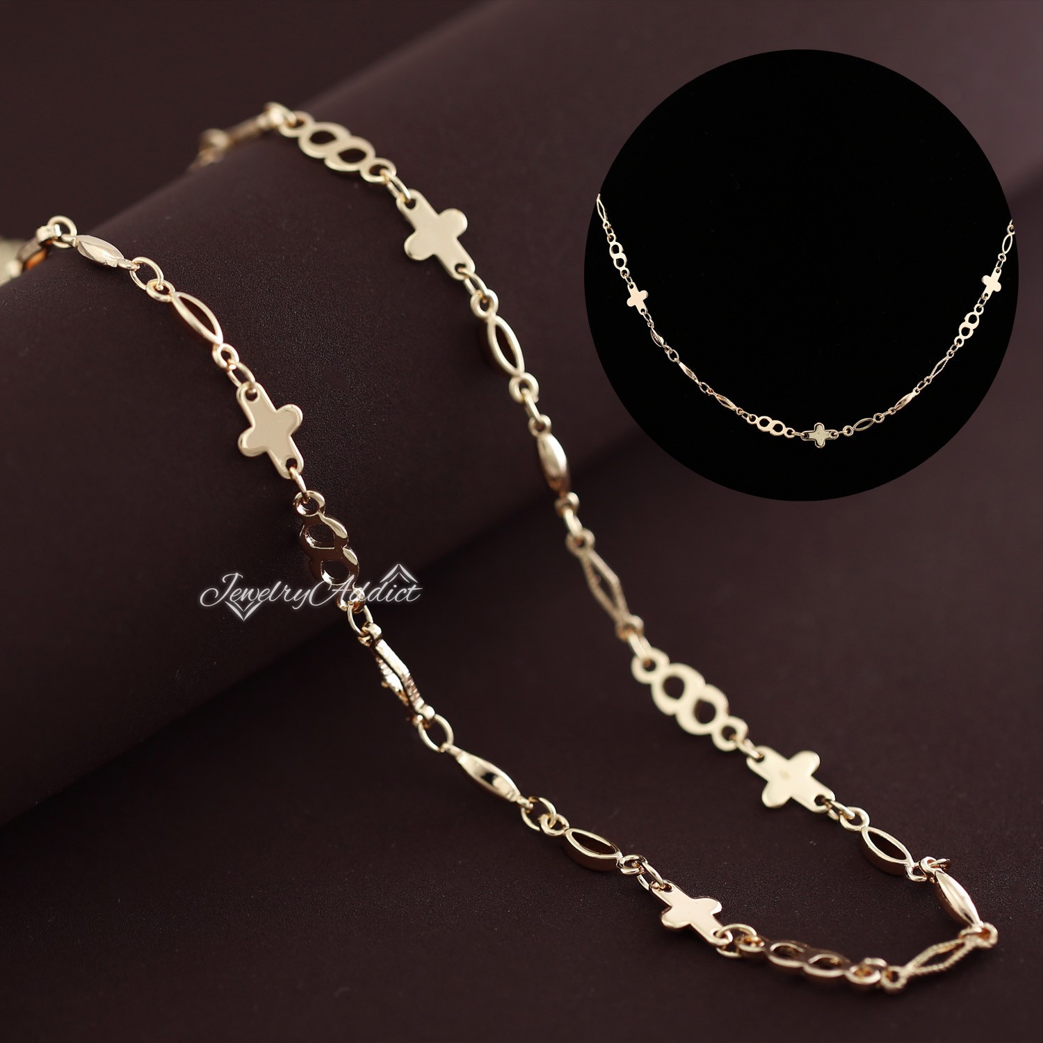 9K ROSE GOLD FILLED CROSS Patterned Links Chain MENS WOMENS SOLID NECKLACE 47cm