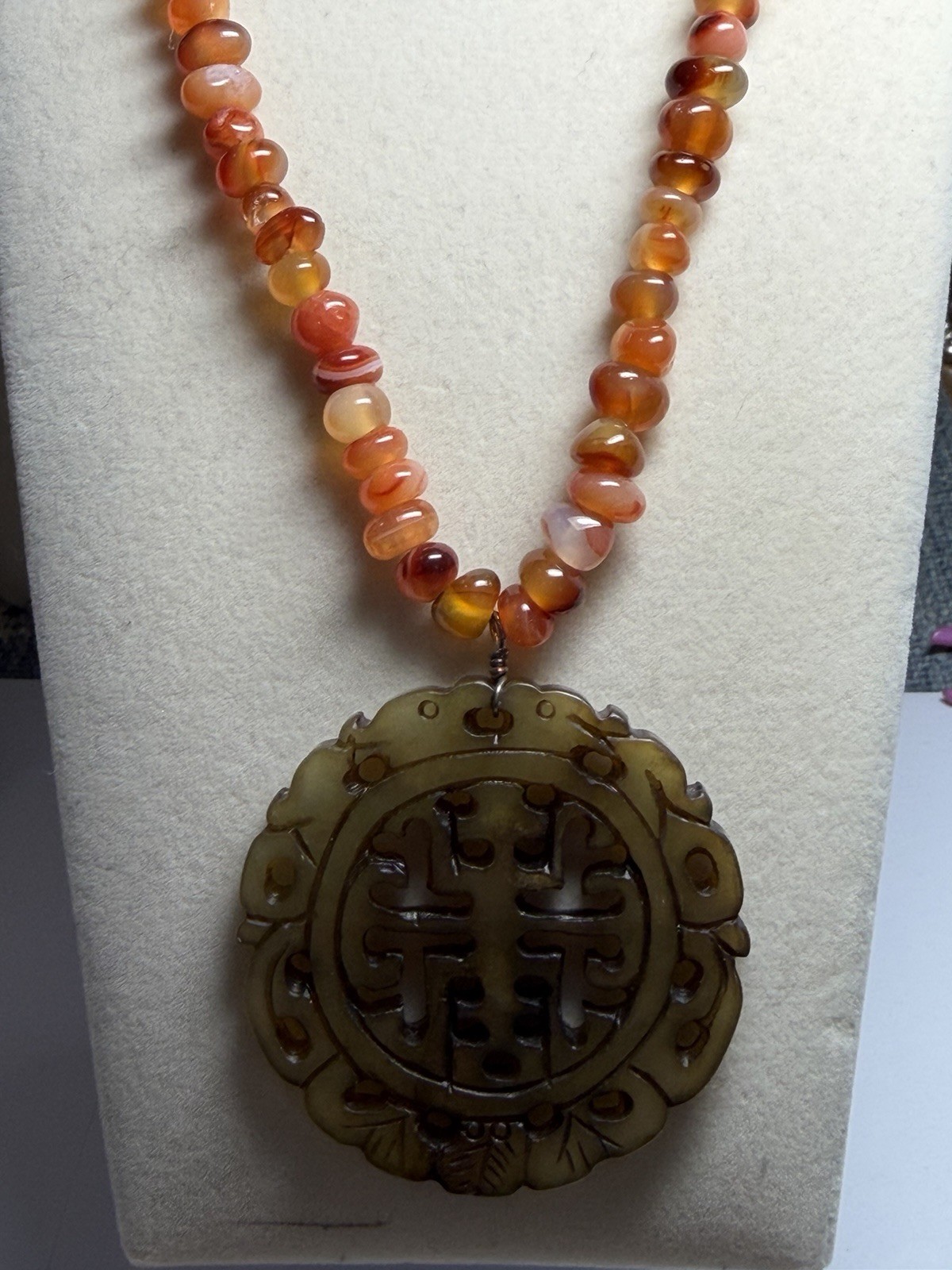 Brown Ornate Carved 2 1/8″ Chinese Style Pendant Necklace Sterling Silver