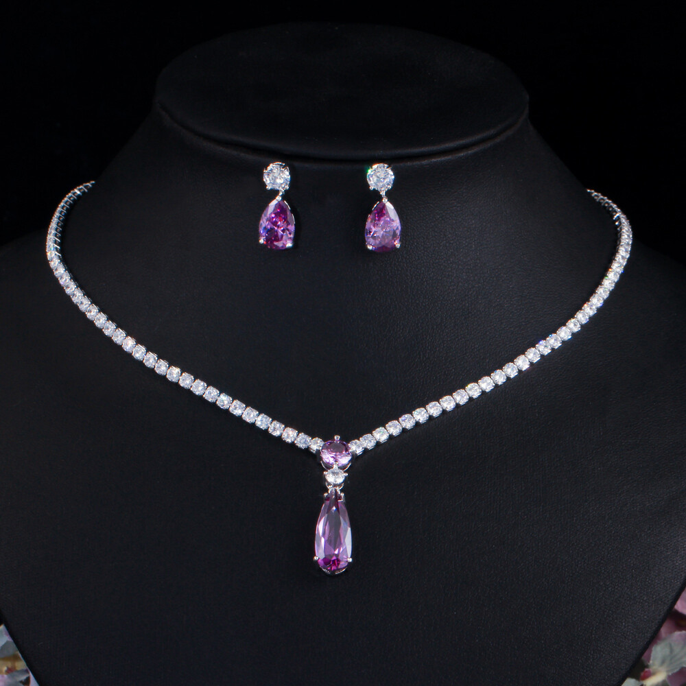 Purple CZ Drop Tennis Pendant Necklace Earrings Fiancee Engagement Jewelry Set