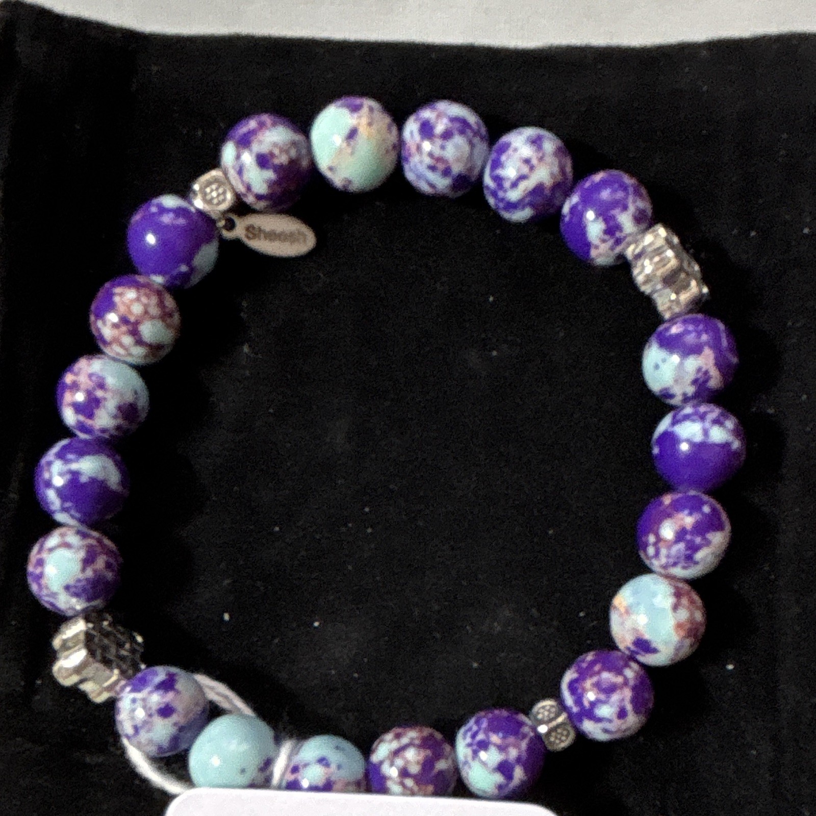 Imperial Jasper Purple Blue Round Beaded Stretch Dangle Charm Bracelet 6 1/2 in
