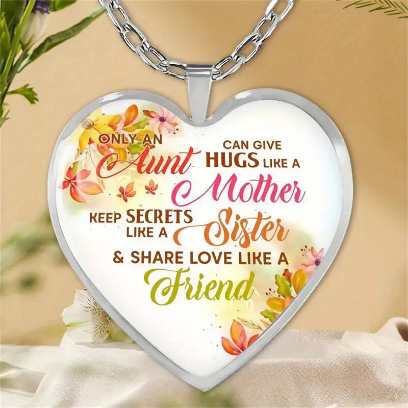 Creative Flowers & Text Pattern Heart-shaped Glass Pendant Necklace