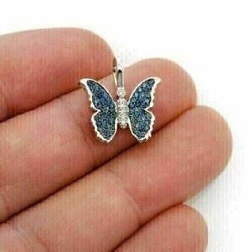 1CT Round Blue Diamond Butterfly Shape Pendant With Chain 14K White Gold Plated
