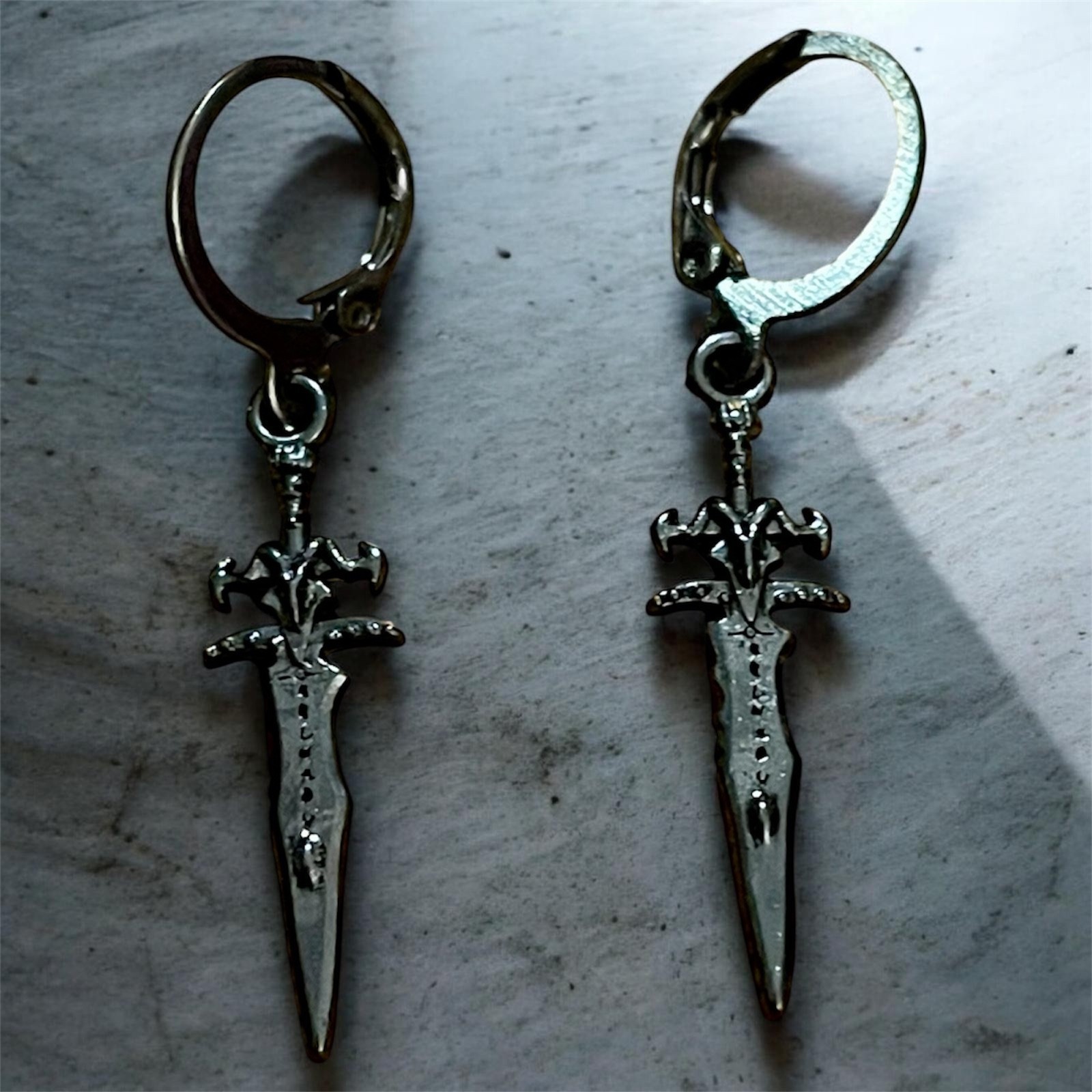Grey Sword Huggie Hoop Dangle Earrings, Durable Non Tarnish Unisex