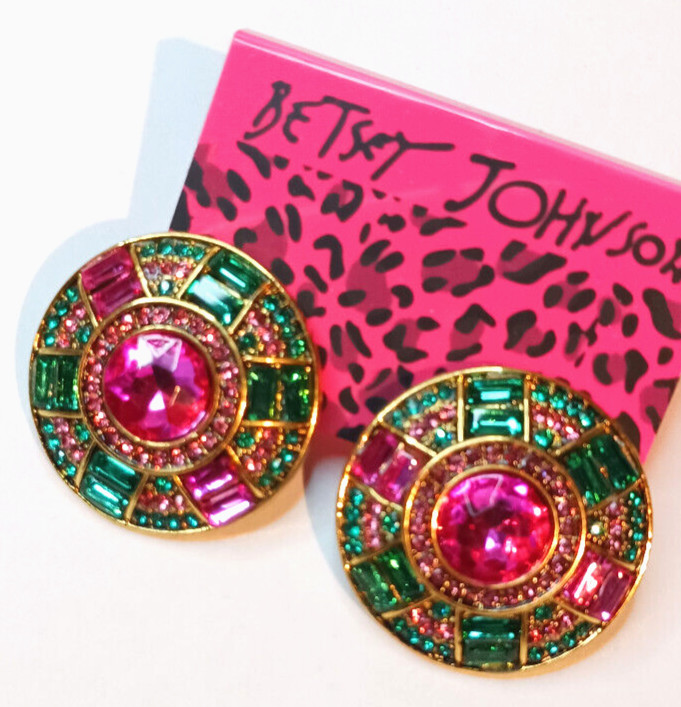 Vibrant Green Pink JEWEL Rhinestone Bead Betsey Johnson Necklace Earrings SET