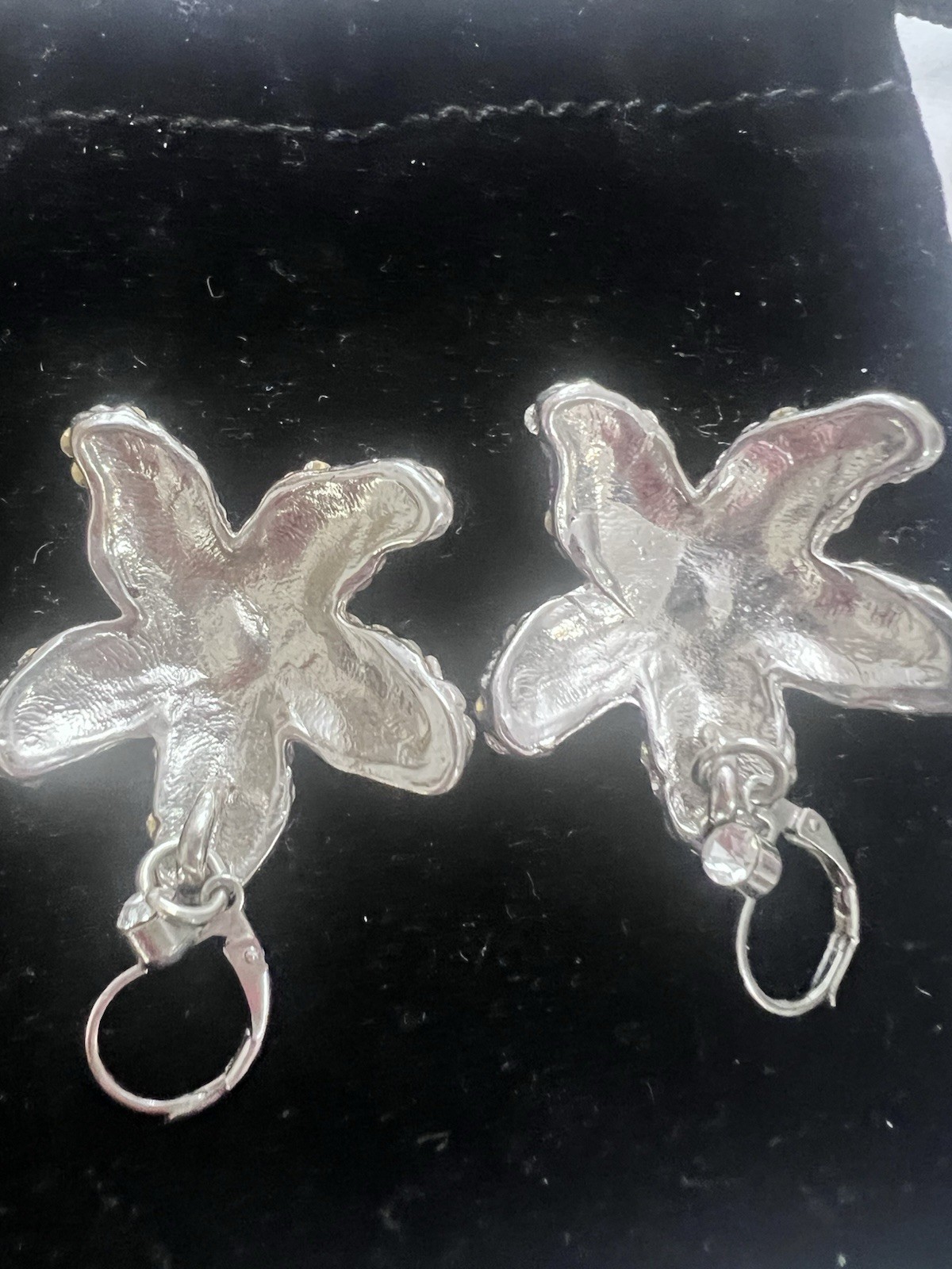 Silver Tone Starfish White/Clear Rhinestone Dangle/Drop Earrings Leverback