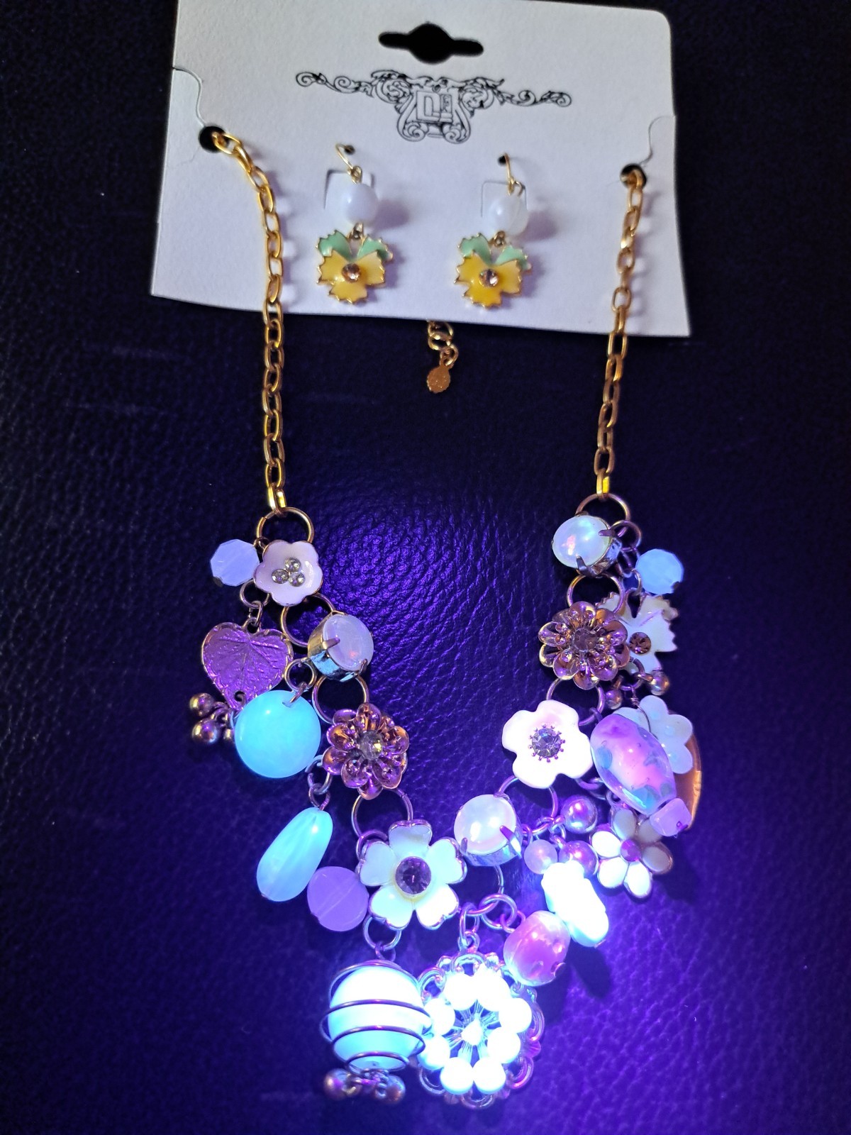 Floral Statement Frontal Necklace Earrings Set NWT Yellow White Goldtone GLOWS