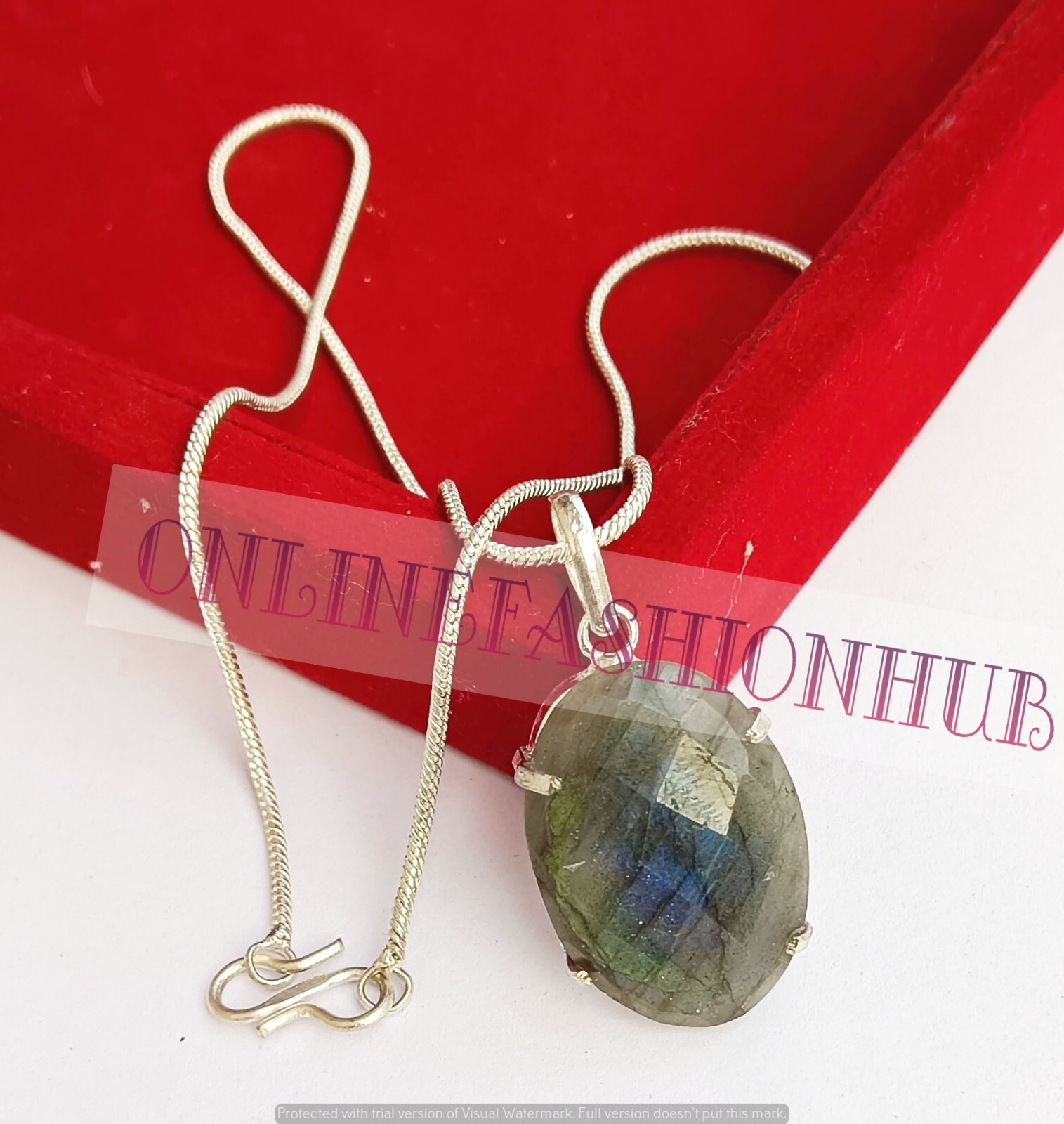 WOW Faceted Labradorite 925 Sterling Silver Plated Prong 1 PC Pendant With Chain
